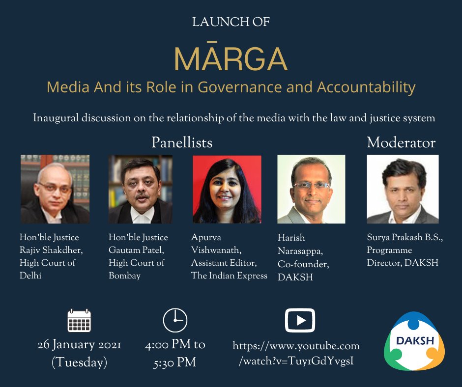 Discussion on Media And its Role in Governance and Accountability hosted by  @daksh_india to commence shortly.Panellists:1. Justice Rajiv Shakdher, Delhi HC2. Justice Gautam Patel, Bombay HC3. Apurva Vishwanath, Asst Editor, The Indian Express4. Harish Narasappa, DAKSH