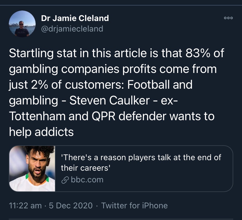A reminder that the gambling industry (like the alcohol industry & like the nascent Cannabis industry in North America) make their money by milking addicts/heavy users & this is something that New Labour helped to facilitate via the liberalisation of our gambling laws.