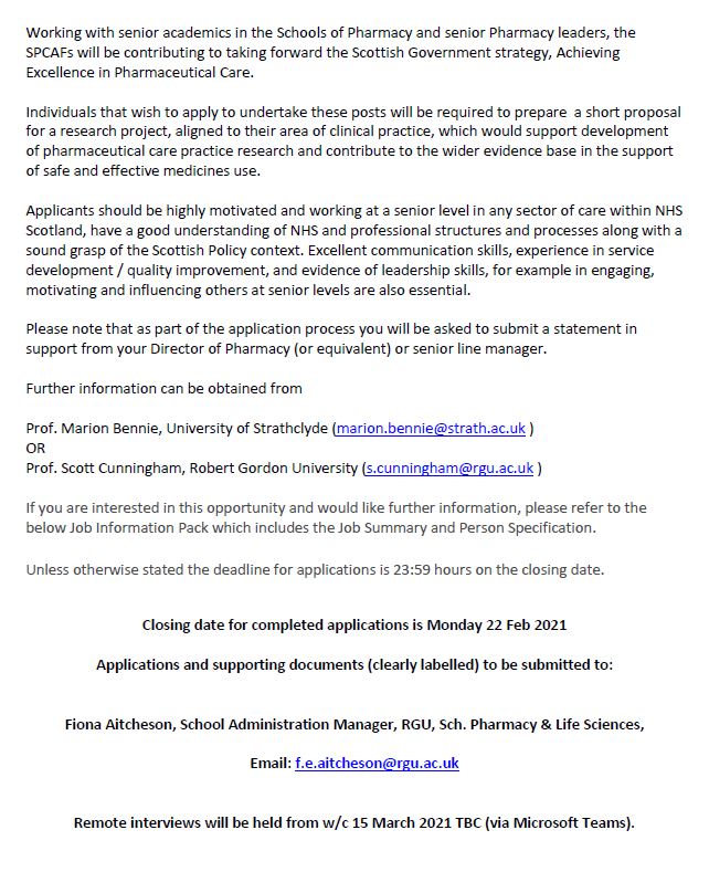 PEHCR_SIPBS's tweet photo. Applications for Scottish Pharmacist Clinical Academic Fellows (SPCAFs) are now being accepted. The Clinical Academic Pharmacist Collaborative Board is offering this development opportunity to senior/experienced pharmacists. See advert for details. Closes Mon 22nd Feb #SPCAF https://t.co/1NMOCmMmJC