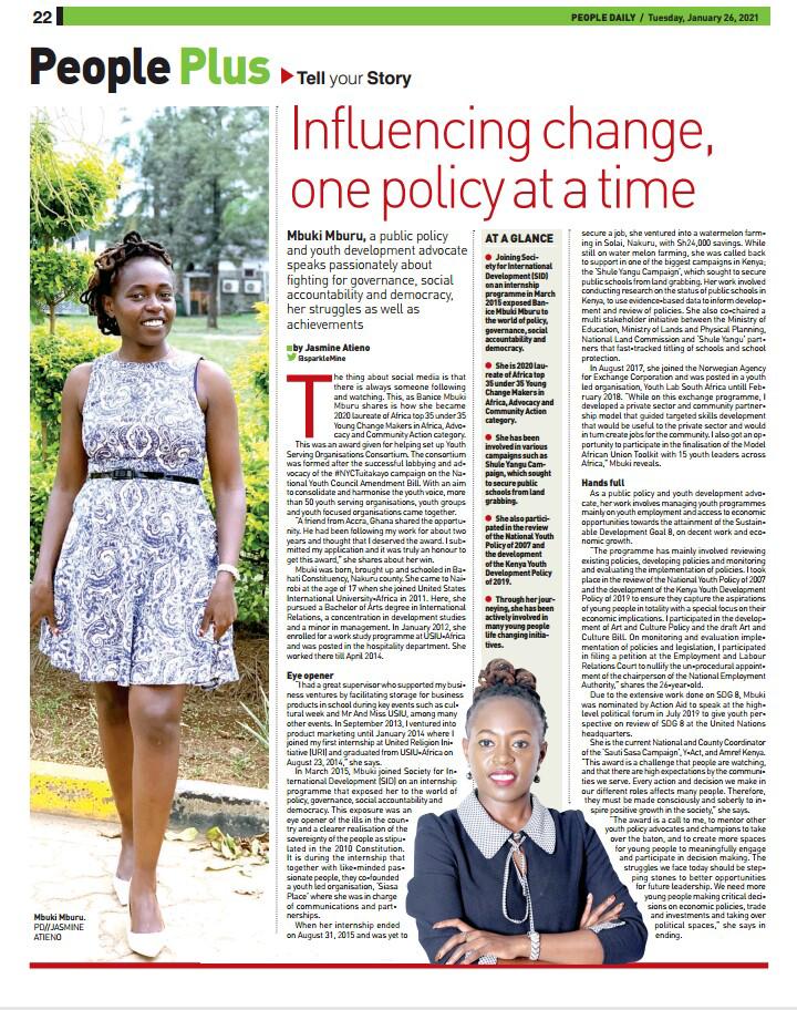 On today's People Daily, Feature Story of yours truly ! Mbuki Mburu 
#Influencingchange