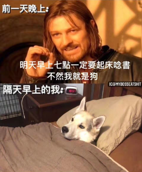 LingoChinese's tweet photo. 前一天晚上：���天早上七点一定要起床念书，不然我就是狗。
The night before: I must get up at seven tomorrow morning to study, or I will be a dog.
隔天早上的我：……
The next morning I:... https://t.co/n8xe12NaCx