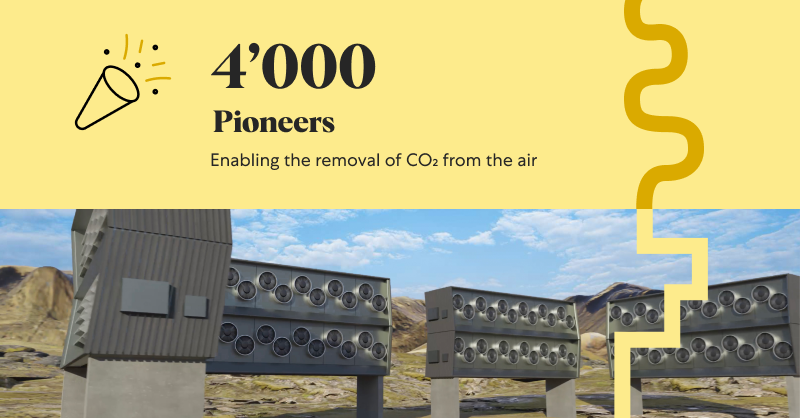 Climeworks's tweet image. The #Climeworks community has reached 4'000 #Pioneers! Thank you to everyone who has joined us on our journey to a climate-positive future. Due to your ongoing support, we're able to significantly scale-up #CarbonDioxideRemoval with the construction of #Orca.