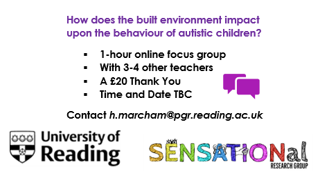 sleuthbrett's tweet photo. @HannahMarcham PhD student @UniofReading is looking for teachers of autistic children to discuss the impact of the built environment on the behaviour of children in the classroom.
For more information/to express an interest please contact
h.marcham@pgr.reading.ac.uk https://t.co/8wfmysWOBd