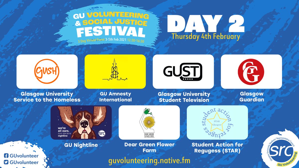 glasgowunisrc's tweet photo. DAY 2: On the 2nd day we welcome GU Service to the Homeless (#GUSH), @GUAmnesty @gusttv @GlasgowGuardian @gu_nightline, #DearGreenFlowerFarm &amp; @STARGlasgow ✅

Sign up for event reminders and get tickets for talks ➡️ https://t.co/iWGi0Nj2xc 3/4 https://t.co/sBQqyuE4bd