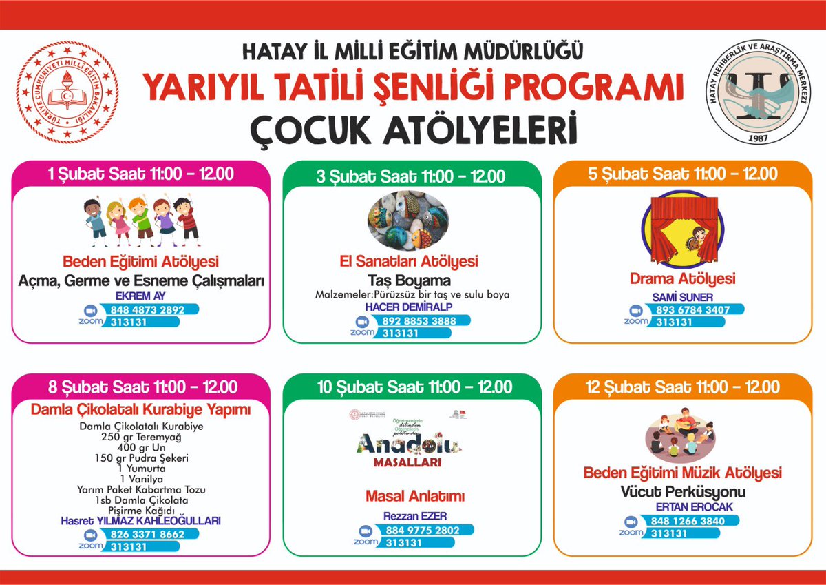hataymem's tweet photo. Hatay İl Milli Eğitim Müdürlüğü proje ekibi ve Hatay Rehberlik ve Araştırma Merkezinin birlikte organize ettiği çocukların tatilini renklendirecek uzaktan atölye çalışmalarına tüm 7-13 yaş öğrencilerimiz davetlidir. https://t.co/44WBs81glJ