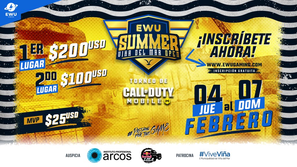 EWU⚡️Gaming (@ewugamingmobile) on Twitter photo 📣Inscripciones totalmente GRATIS ‼️
💥Del 04 al 07 de Febrero #codmobile
💰Más de USD 300 dólares en juego
✏️Inscripciones en 👉🏻 ewugaming.com/formulario-de-…
Ausp. @InstitutoArcos <a href="/ArcosVina/">Instituto Arcos Viña del Mar</a> 👍🏻 📣Inscripciones totalmente GRATIS ‼️
💥Del 04 al 07 de Febrero #codmobile
💰Más de USD 300 dólares en juego
✏️Inscripciones en 👉🏻 ewugaming.com/formulario-de-…
Ausp. @InstitutoArcos <a href="/ArcosVina/">Instituto Arcos Viña del Mar</a> 👍🏻