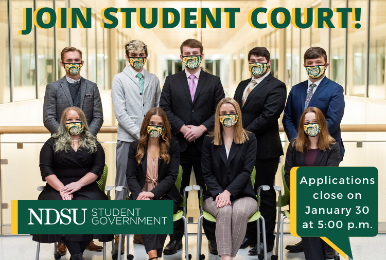 NDSU_StudentGov's tweet photo. The Student Court is seeking dedicated individuals for an open Justice position. Apply at the following link by 5 p.m. on January 30: https://t.co/Fd2JTEyGUc https://t.co/XqPDlxBg3E