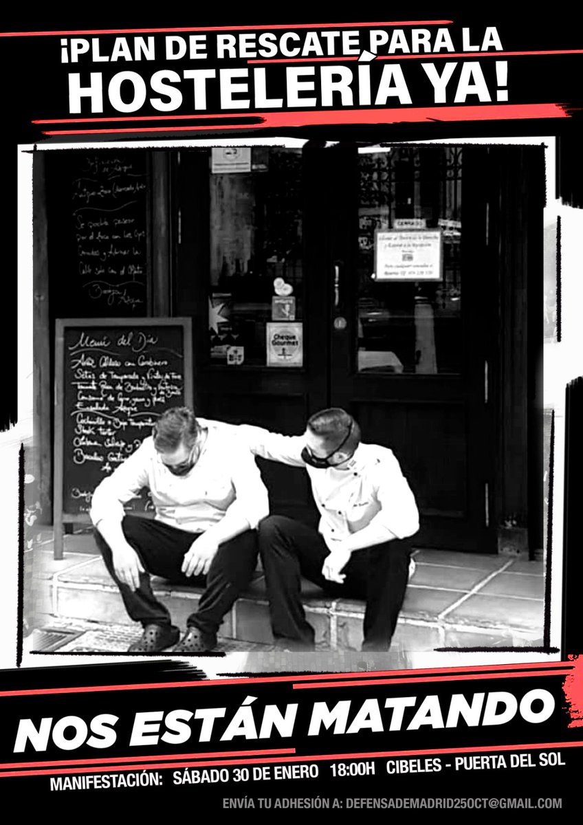 Este Sábado 30 de Enero salimos a la calle en defensa de la hostelería y de otros muchos sectores. Salimos en defensa de Madrid. 
A la 18h en Cibeles.
#NosEstanMatando30E
#NosEstanMatando