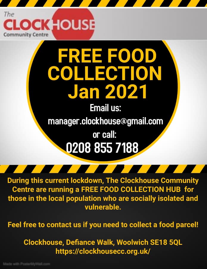 HERCentre's tweet photo. During this lockdown, the #ClockhouseCommunityCentre are running a #FREEFOODCOLLECTION #HUB for those in the #LocalPopulation who are #SociallyIsolated and #vulnerable.
To collect a food parcel, contact Julia on 07960 755191 or the Clockhouse Community Centre on 020 88557188. https://t.co/mB3mpnx1Py