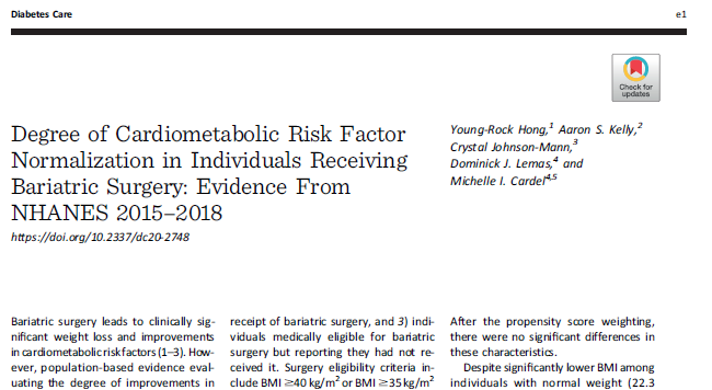 Our new pub in Diabetes Care is out:Degree of Cardiometabolic Risk Factor Normalization in Individuals Receiving Bariatric Surgery: NHANES 2015–2018 A thread below of findings, relevant to  #obesity, cardiometabolic disease,  #nutrition &  #HAES