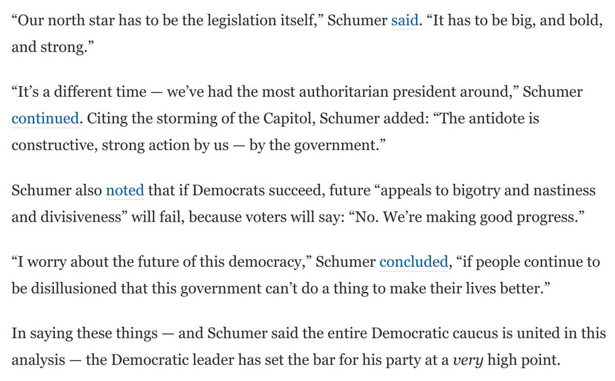 2) Schumer vowed that this time, Dems won't get snookered by GOP bad faith.But Schumer also framed the stakes in a good way. He said Dems are united behind the idea that *delivering in a big way* is key to restoring faith in government and democracy: https://www.washingtonpost.com/opinions/2021/01/26/mitch-mcconnell-caves-power-sharing-filibuster/