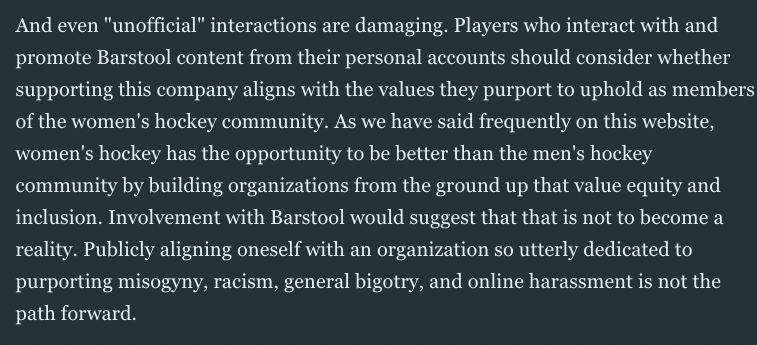 and here is what we wrote in the unpublished article about how players' frequent interactions with b*rst**l on social seem to contradict public/official stances that women's hockey teams and leagues have made about being inclusive (image description includes the text)