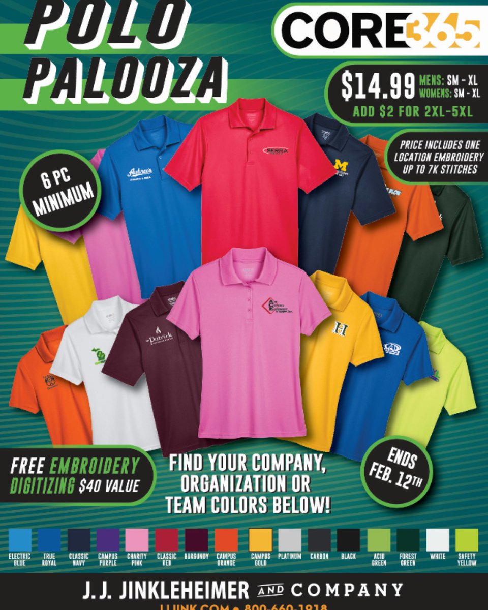 It's our Annual Polo Sale! Several colors to choose from for your Company, Organization or Team! Low minimum purchase, Free Embroidery Digitizing too!
⏳Better hurry - Offer ends February 12!
☎517.546.4345
📧info@jjjink.com
💻jjjink.com
💻howellspirit.com