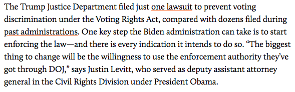 Trump DOJ filed only 1 small case to enforce Voting Rights Act Expect Biden DOJ to file many more"The biggest thing to change will be the willingness to use the enforcement authority they’ve got through DOJ" says  @_justinlevitt_