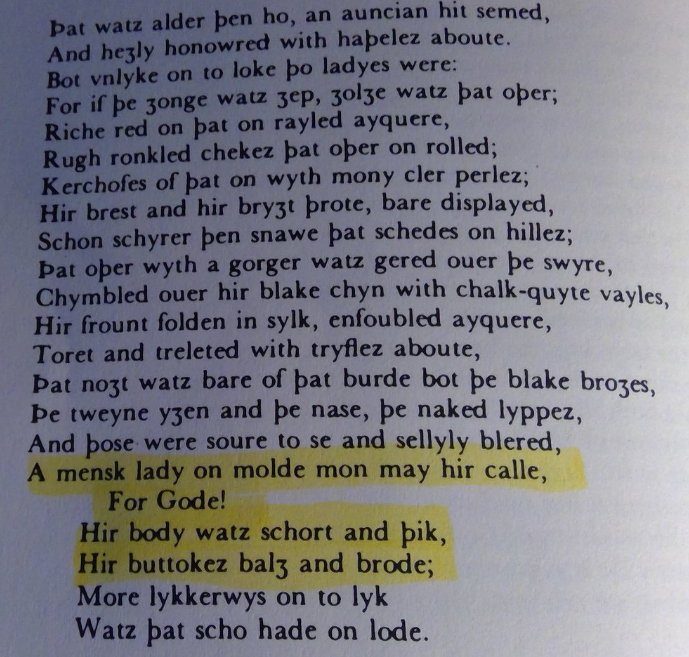 ZoAndBehold's tweet photo. Fun fact: The word "THICC" can be found as far back as the late 14th c., in "Sir Gaiwain and the Green Knight." Loose translation of highlighted passage: 

"You'll never find a finer chick, goddamn!!
Short &amp; T H I C C
With that big ol' booty"

note: (þ) is  pronounced like "th-". https://t.co/JHPDCwKrsd