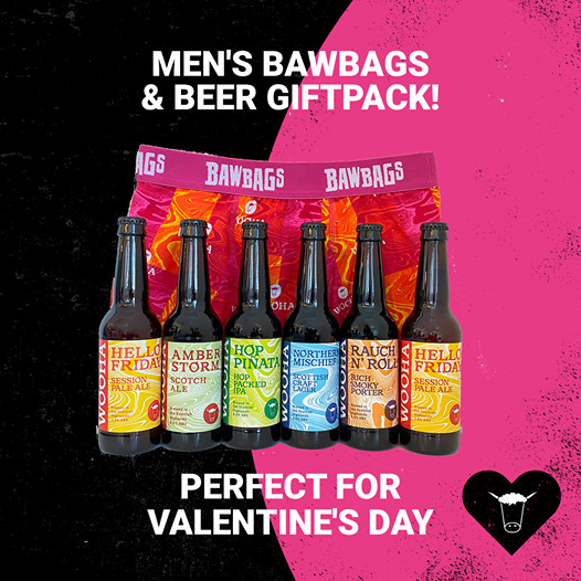 Give him a nice package for Valentine's Day❣️
⚽️⚽️ x1 Pair WooHa cotton men's Bawbags
🍺 x6 Bottles of Highland brewed beer
😜 x1 Happy man
Available for a limited time only on our website - woohabrewing.com