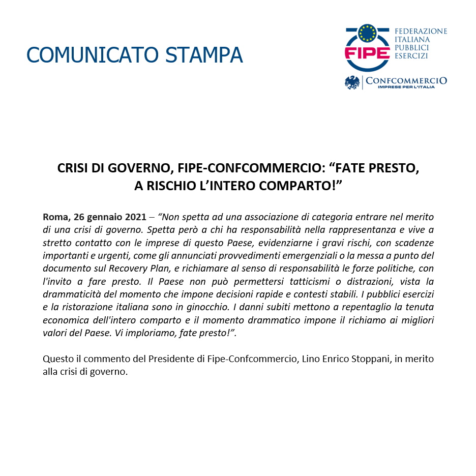 Crisi di Governo, #FipeConfcommercio: “Fate presto, a rischio l’intero comparto!”
fipe.it/comunicazione/…