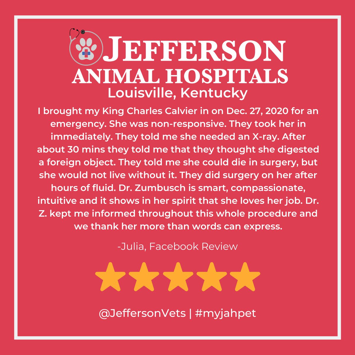 JeffersonVets's tweet photo. Thank you Julia, Dr. Zumbusch has truly been a blessing for our hospital throughout the pandemic 💙 🐾 #thankyou #review #animalhospital #louisville #kentucky #veterinarian #patientcare #essentialworkers #heroesworkhere https://t.co/sHASoNOdEl