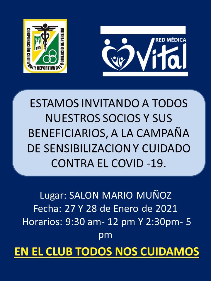 ClubComercioPei's tweet photo. Estamos invitando a todos nuestros socios a la jornada de sensibilización y cuidado contra el covid-19.
Los esperamos!!!
#enelclubtodosnoscuidamos https://t.co/mhaoybRBH2