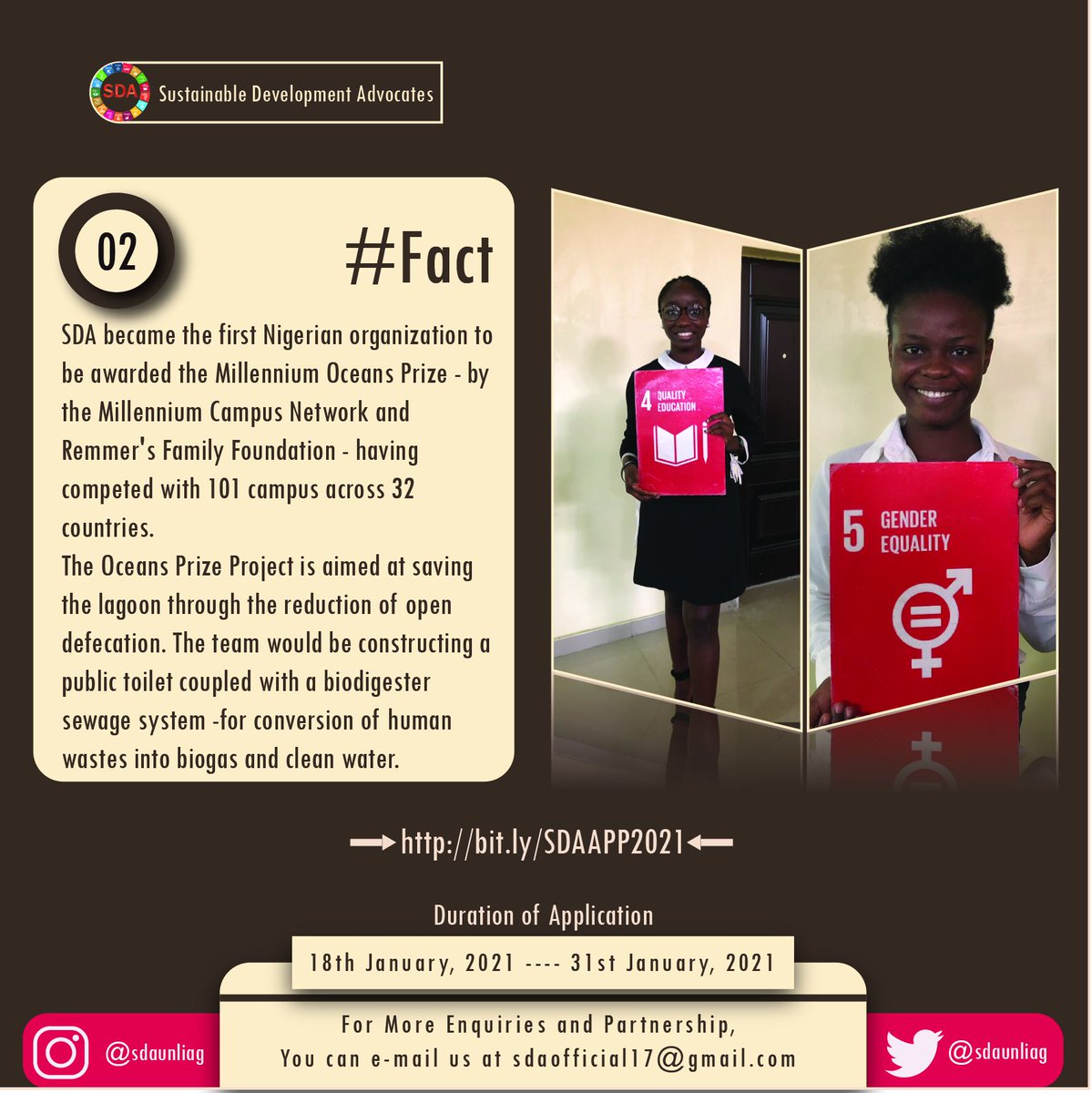 sdaunilag's tweet photo. #Fact02
#SDAFacts
Having competed with 101 campuses across 32 countries, SDA became the first Nigerian organisation to be awarded the Millennium Oceans Prize for their work on ending open defecation. https://t.co/i238GrXhTB