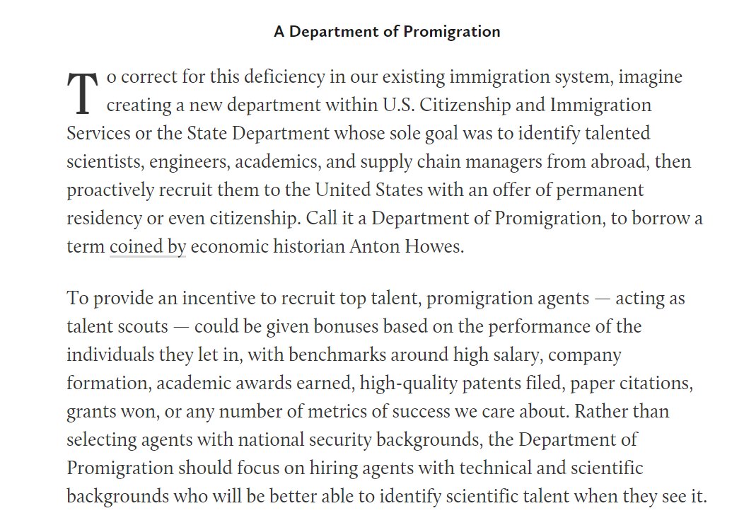 To correct for this, I suggest we need a new department/office that has the sole mandate of finding and recruiting the most talented inventors and scientists from around the world and inviting them to live in the US.