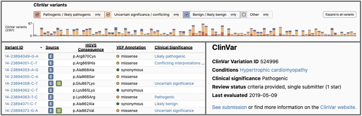 gnomad_project's tweet photo. The #gnomAD browser now displays more #ClinVar data! 

New features include:
- ClinVar track includes all classifications
- Clinical significance, plus links to ClinVar, added to the variant table 
- ClinVar details added to the variant page https://t.co/iBz5iDzpZi