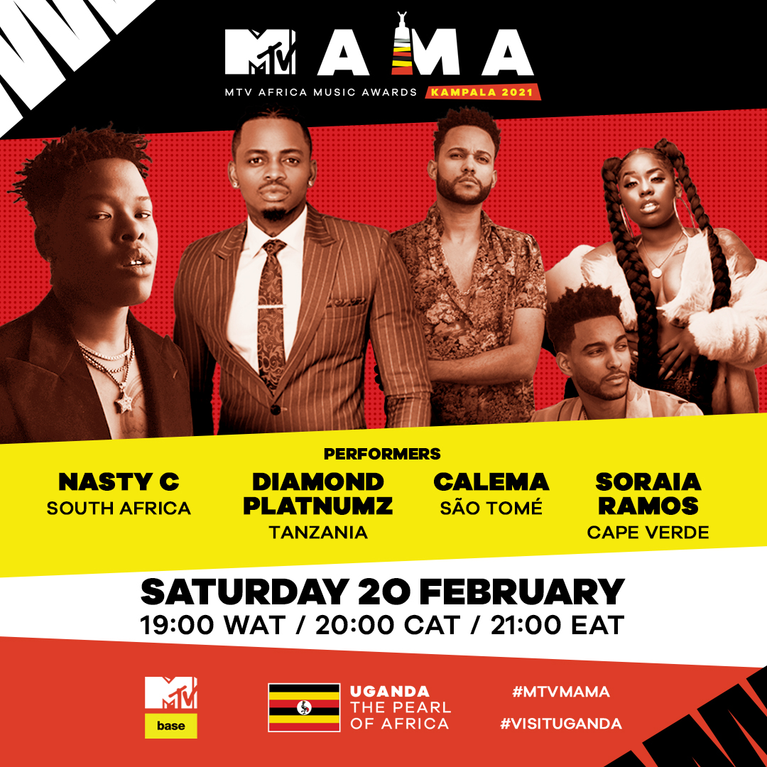 🚨 INTERNALLY SCREAMING 🚨because <a href="/nasty_csa/">IVYSON</a> x @diamondplatinumz x <a href="/calema507/">CALEMA - OFICIAL</a> &amp; <a href="/soraiaramoss/">Soraia Ramos</a> will be performing at the 2021 MTV Africa Music Awards Kampala 2021! #MTVMAMA February 20!!! 👏👏 . Who are you most excited to see? #VisitUganda