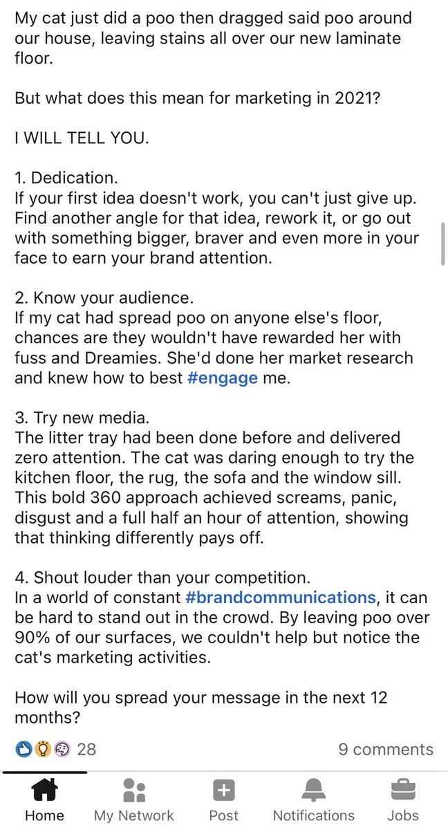 This does fuck all for marketing 

It just means you’ve got cat shit spread all round your house