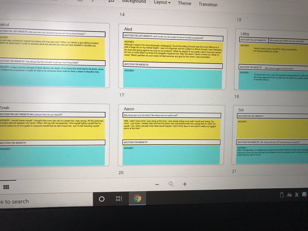 Great engagement from Y11 today - hot-seating characters in Macbeth using Jamboard to generate questions&amp;grid view on Slides to monitor responses. Thanks <a href="/MrsToye1/">Mrs Toye</a> for the tip! Really interactive and lots of potential for modelling, peer feedback&amp;building confidence! <a href="/EnglishCHS/">EnglishCHS</a>