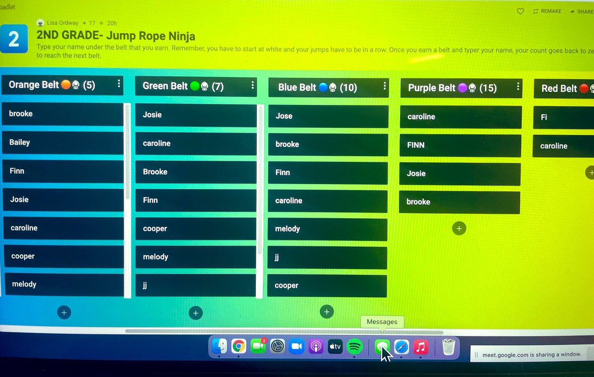 I love doing jump rope ninja in #physed. It’s a fun way to provide students w/ the opportunity of a self paced challenge &amp; work on perseverance. Years past, Ss would put a sticker on the belt they earned and write their name. This year I used <a href="/padlet/">Padlet</a> w/ my remote Ss! 👍🏼 #pegeek
