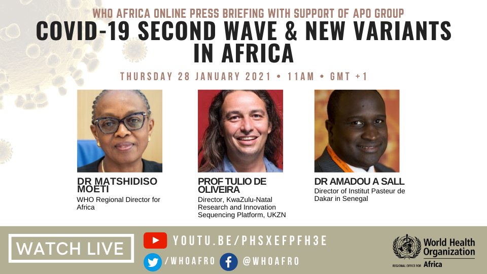 WHOAFRO's tweet photo. Join this week's #COVID19 press briefing on the 2nd COVID-19 wave in Africa &amp; new variants. Dr @MoetiTshidi will be joined by Prof Tulio de Oliveira @UKZN &amp; Dr Amadou Sall @institutpasteur.

📅Thursday 28th Jan
⏰11am (GMT +1)
▶️https://t.co/zC7N5hfyCb https://t.co/3QsPj3dUTv