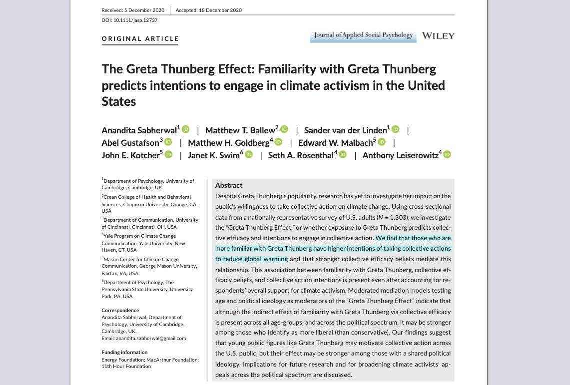 'The @GretaThunberg Effect' is now an empirically demonstrated, peer-reviewed phenomenon: 'We find that those who are more familiar with Greta Thunberg have higher intentions of taking collective actions to reduce global warming.' Open access: onlinelibrary.wiley.com/doi/epdf/10.11…