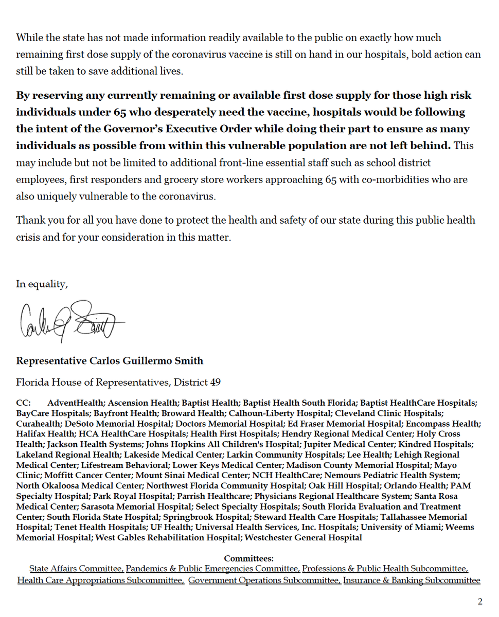 CarlosGSmith's tweet photo. Today, we're sending a letter to hospital admins urging them to quickly establish public criteria for how ppl ‘extremely vulnerable’ to #COVID under 65 could be eligible for vaccinations thru their networks. Hospitals are the only entity currently authorized in FL to do this. 1/ https://t.co/eZU8EH6KQf