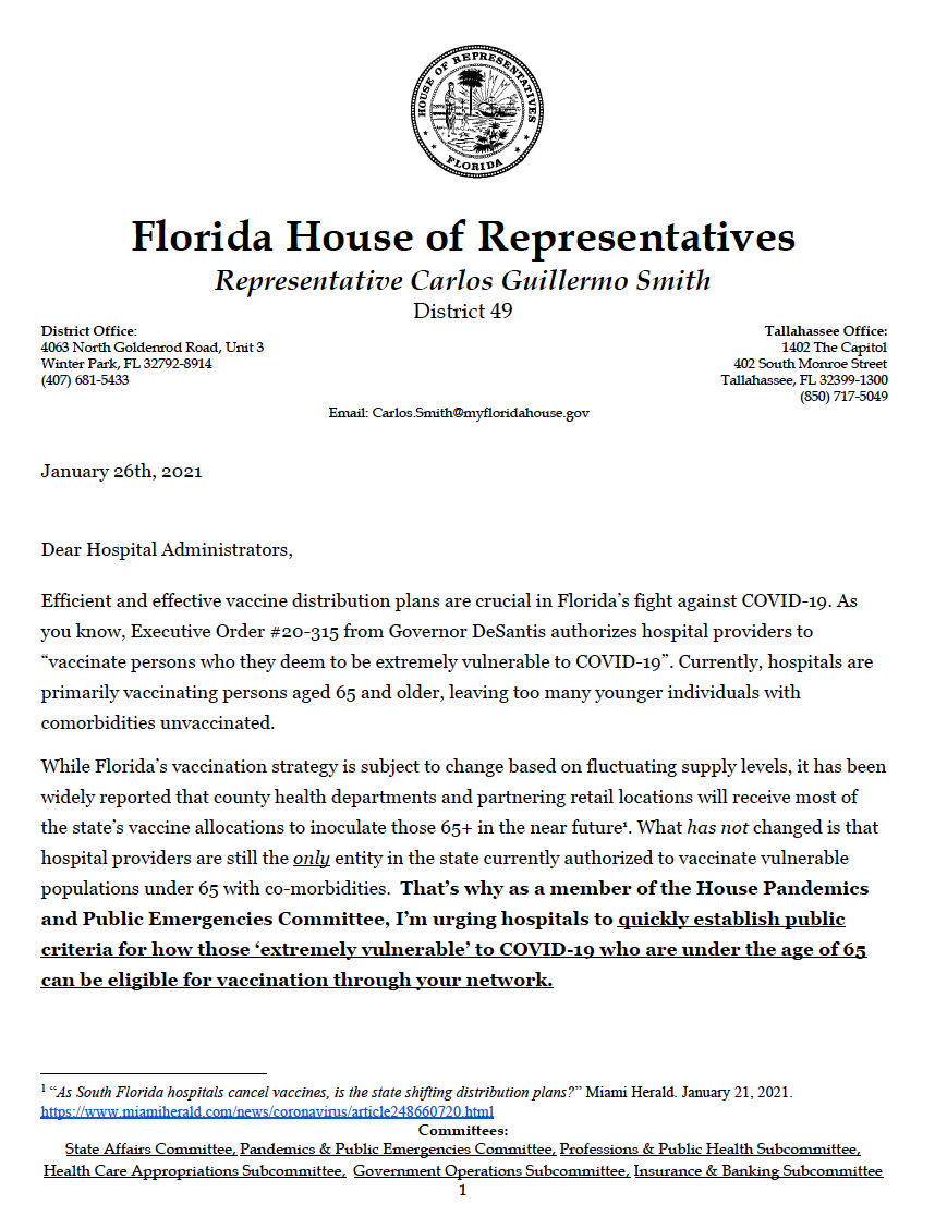 CarlosGSmith's tweet photo. Today, we're sending a letter to hospital admins urging them to quickly establish public criteria for how ppl ‘extremely vulnerable’ to #COVID under 65 could be eligible for vaccinations thru their networks. Hospitals are the only entity currently authorized in FL to do this. 1/ https://t.co/eZU8EH6KQf