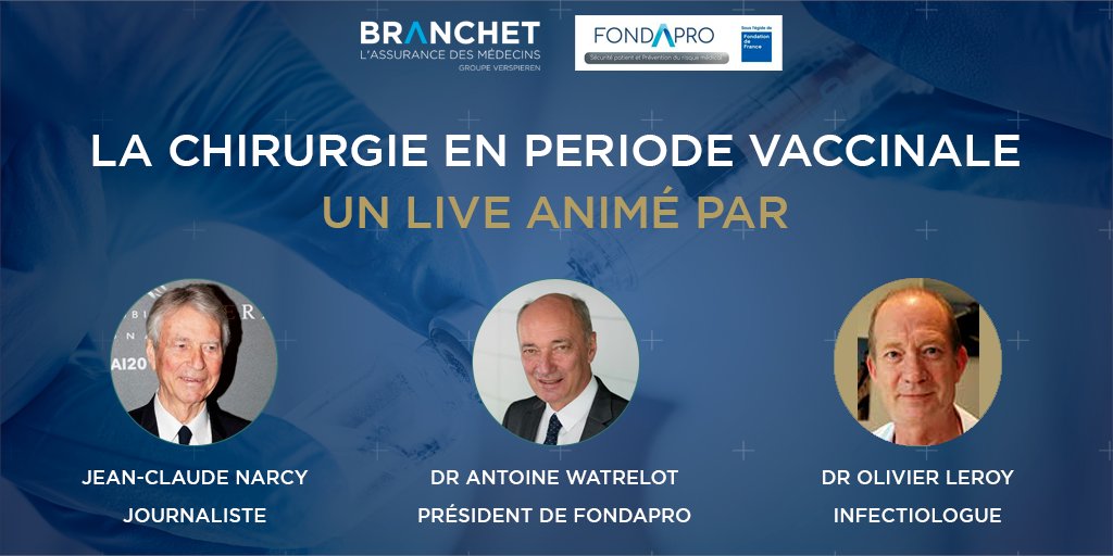 FONDAPRO1's tweet photo. Nous vous donnons RDV :

CE SOIR - 19H30-21H

Pour un LIVE consacré à la chirurgie en période vaccinale, animé par le journaliste Jean-Claude Narcy, les docteurs Antoine Watrelot, Président de Fondapro et Olivier Leroy, infectiologue. 

RDV en DM pour vous inscrire ! https://t.co/Cslt1nk7uw
