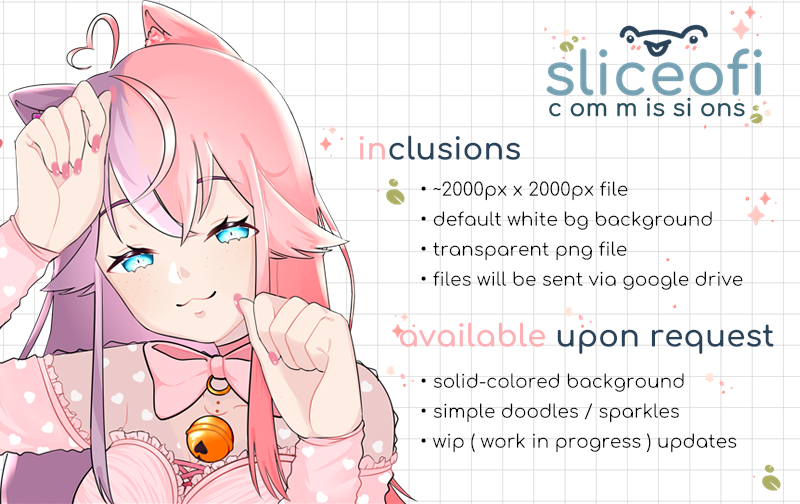 sliceofi's tweet photo. 🌸 commissions OPEN 🌸

₍₍◝(°꒳°*)◜₎₎ hello ! i am opening regular commissions again ✨
 guidelines and pricing are listed below ♡ 

🌿full info : https://t.co/wif9MFiQIb
🌷 form link : https://t.co/X8hk4WR32R

💐 RTs very much appreciated , i lov u ♡ |ｴ)･)⊃ https://t.co/EUVOz1eMMb