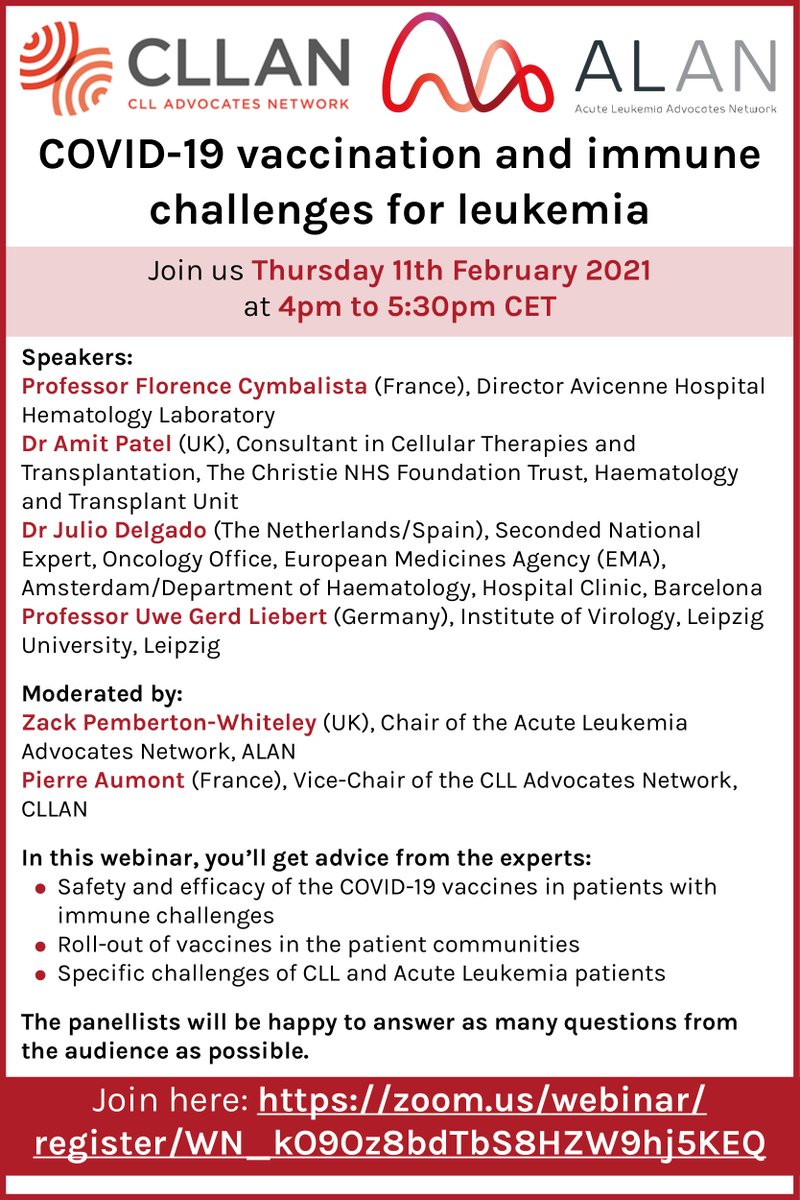 CLL Advocates Network (@clladvocates) on Twitter photo Please RT & join us on 11th Feb 4-5:30pm CET our extensive panel of experts discuss COVID-19 vaccination and immune challenges for leukemia patients. This webinar is co-hosted by <a href="/CLLAdvocates/">CLL Advocates Network</a> and <a href="/AcuteLeuk/">Acute Leukemia Advocates Network (ALAN)</a> FREE to register here: zoom.us/webinar/regist… Please RT & join us on 11th Feb 4-5:30pm CET our extensive panel of experts discuss COVID-19 vaccination and immune challenges for leukemia patients. This webinar is co-hosted by <a href="/CLLAdvocates/">CLL Advocates Network</a> and <a href="/AcuteLeuk/">Acute Leukemia Advocates Network (ALAN)</a> FREE to register here: zoom.us/webinar/regist…