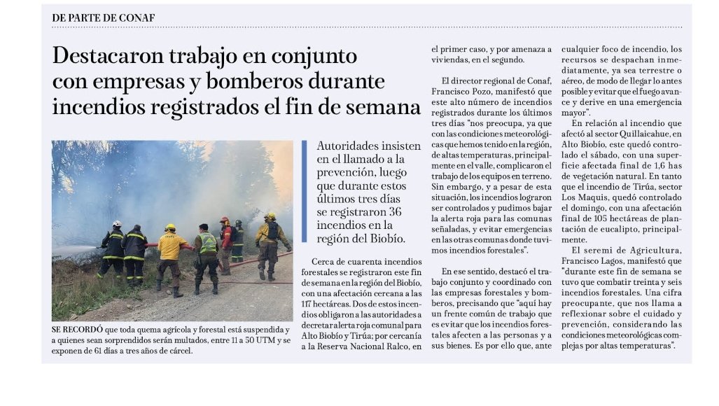 ➡️PRENSA🗞️| Hoy, la edición de <a href="/latribunacl/">Diario La Tribuna</a> destaca trabajo en
conjunto de <a href="/CONAFBiobio/">CONAF Biobío</a> con empresas🛩️ y Bomberos👨‍🚒para combatir incendios forestales🔥durante el fin de semana✅

📍Seremi <a href="/franciscolagosa/">Francisco Lagos Arriagada</a>
reforzó llamado📢 a la prevención🇨🇱

Detalles⬇️
latribuna.cl/noticias/2021/…