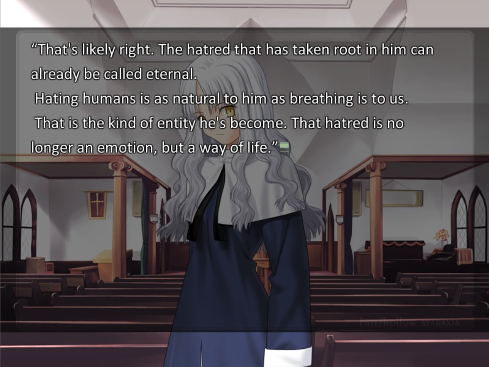 Says a lot about both of them. Similar to Kirei earlier, Angra doesn't hate people because that's an emotion he chose to feel towards them, it's the only way he can interact with them, the only thing that he was allowed to have, but love and hate are two sides of the same coin
