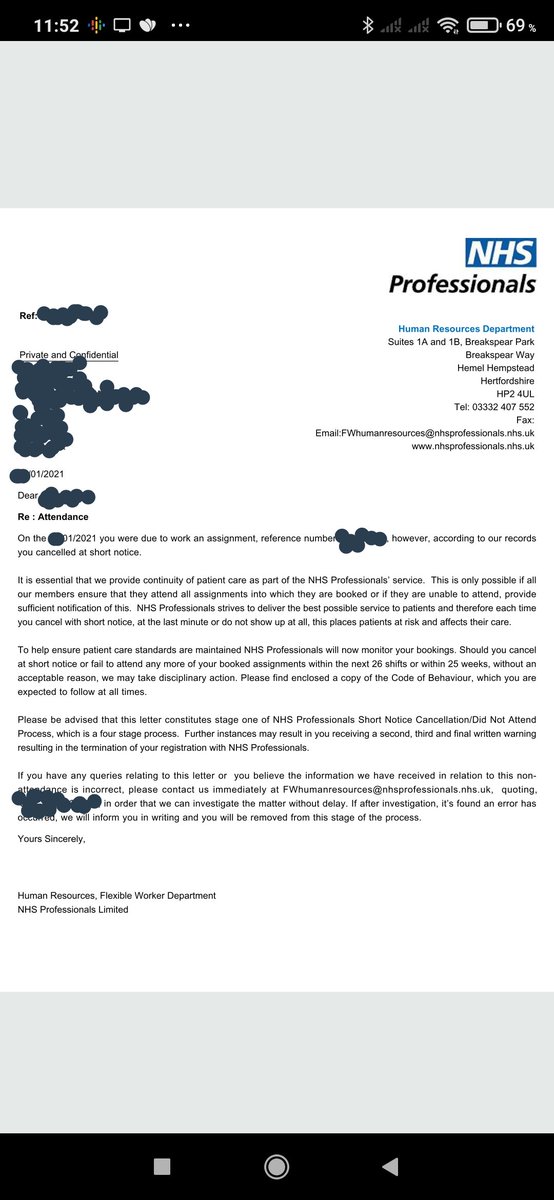 HPSarcastic's tweet photo. @mrjamesob @lbc

 This is the letter I got when I had to cancel a shift on an covid ward with 6hrs notice because developed covid symptoms. Told them I was self isolating.

First shift I have cancelled, worked on covid wards &amp; A&amp;E all through pandemic. #Covid_19 #NHSblueheart https://t.co/Z06c1n1O08