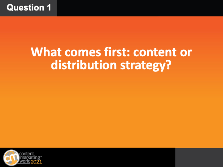CMIContent's tweet photo. Q1: What comes first: Content or distribution strategy? Does that always remain the same? #CMWorld https://t.co/kAvhpsJADG
