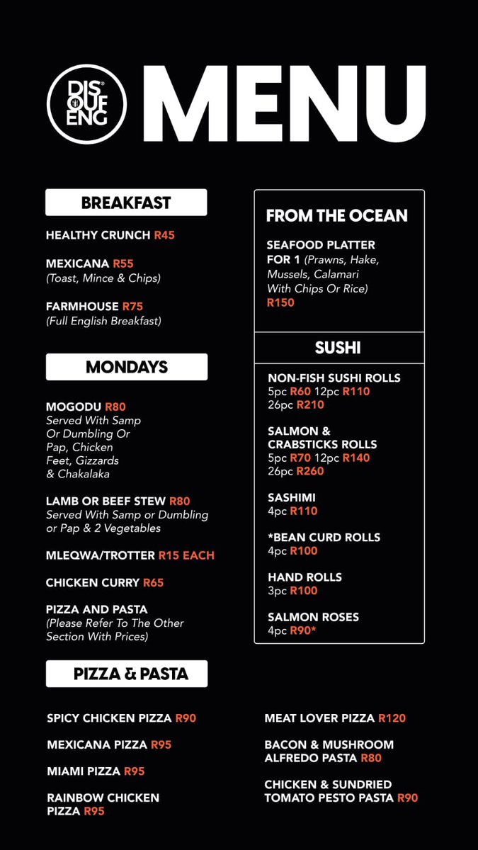 Kambi_Mohlala's tweet photo. We have a variety of delicious meals available on our menu here @DISOUFENG_PUB ๐ฅ๐
Something for everyone to enjoy. Come through or place your orders
๐ 0765202074 / 0613706102
Deliveries available till 7pm. #DisoufengFood #DisoufengMenu #DisoufengDelivery https://t.co/i0AZWsDUk3