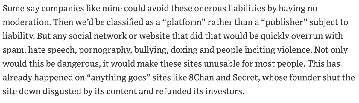 BUT I will say - 99% of this article is dead-on and rules and I appreciate his voice!! But 1 error - there is no classification with or w/o 230 as "platform" or "publisher." The issue is that prior to 230, courts thought any moderation meant sites must know/be accountable for all