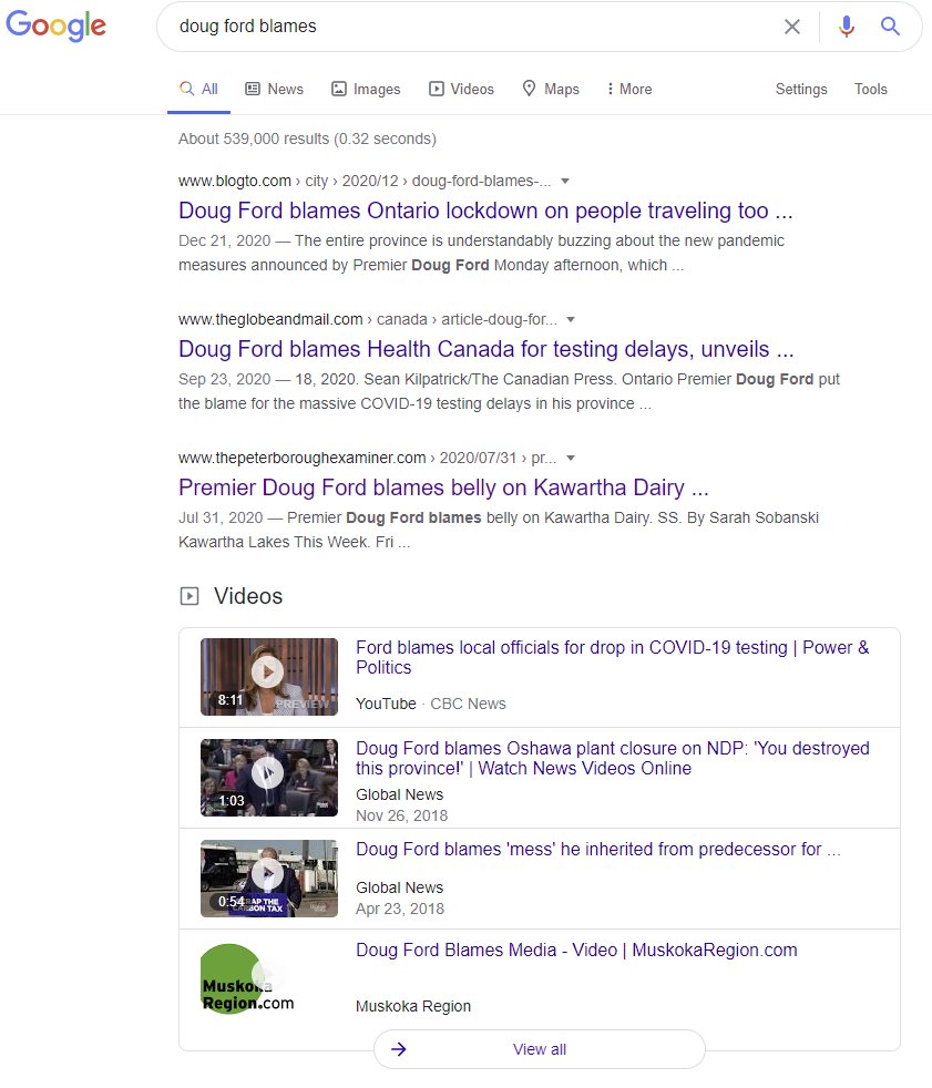 mynamesnotgordy's tweet photo. Googled "Doug Ford blames"

Got 539,000 results. 

Things Doug blames:

1. Ontarians
2. Health Canada
3. Kawartha Dairy
4. The Media
5. The NDP
6. Local officials
7. Weather
8. Cicadas
9. Tight shoes
10. PBS
11. Left-handed scissors
12. Dust
13. VW Beetles
14. Clouds
15. Hipsters https://t.co/UWAFgoMK7H