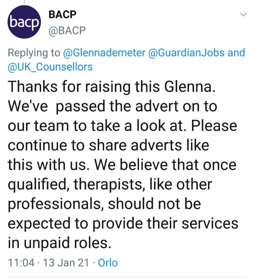 UK_Counsellors's tweet image. *Please don't ask qualified counsellors to work unpaid* for your organisation. We train for 3-4 yrs before being registered with @prof_standards. There is no requirement for us to do more unpaid hours to gain any other sort of experience. @ncs_counselling @BACP agree with us 👇🏼