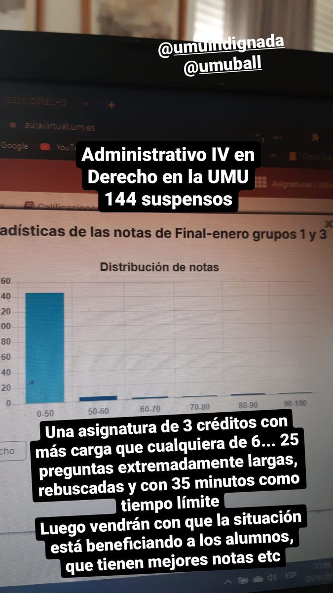 Arulauu's tweet photo. No puede ser que se siga partiendo de la idea de que nos vamos a copiar y acabe perjudicándonos la situación de esta manera...algunxs nos jugamos echar  un año más por esta asignatura
#NoOsImportamosUMU
@umuball @amalconesae @ceum_es @umuball https://t.co/6QruVtY9mo