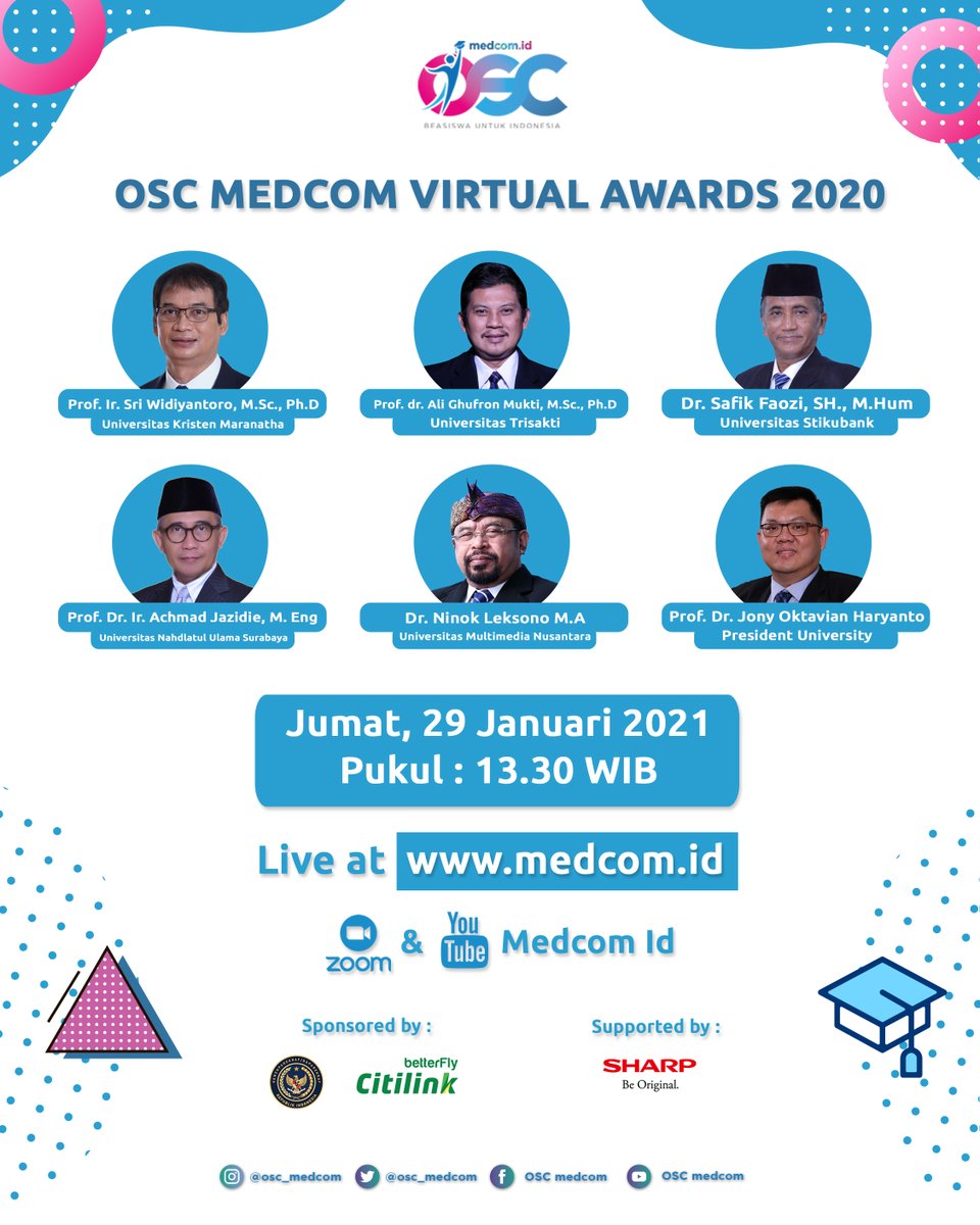 BeasiswaOSC's tweet photo. Nantikan OSC Medcom Virtual Awards
2020 bersama 19 Rektor PTS Pendukung #OSCMedcom2020
Jumat, 29 Januari 2021 pukul 13:30 WIB
tag temen kamu juga yaa jgn sampai ketinggalan!
#oscmedcomid #oscmedcom https://t.co/W5YXLUYCMb