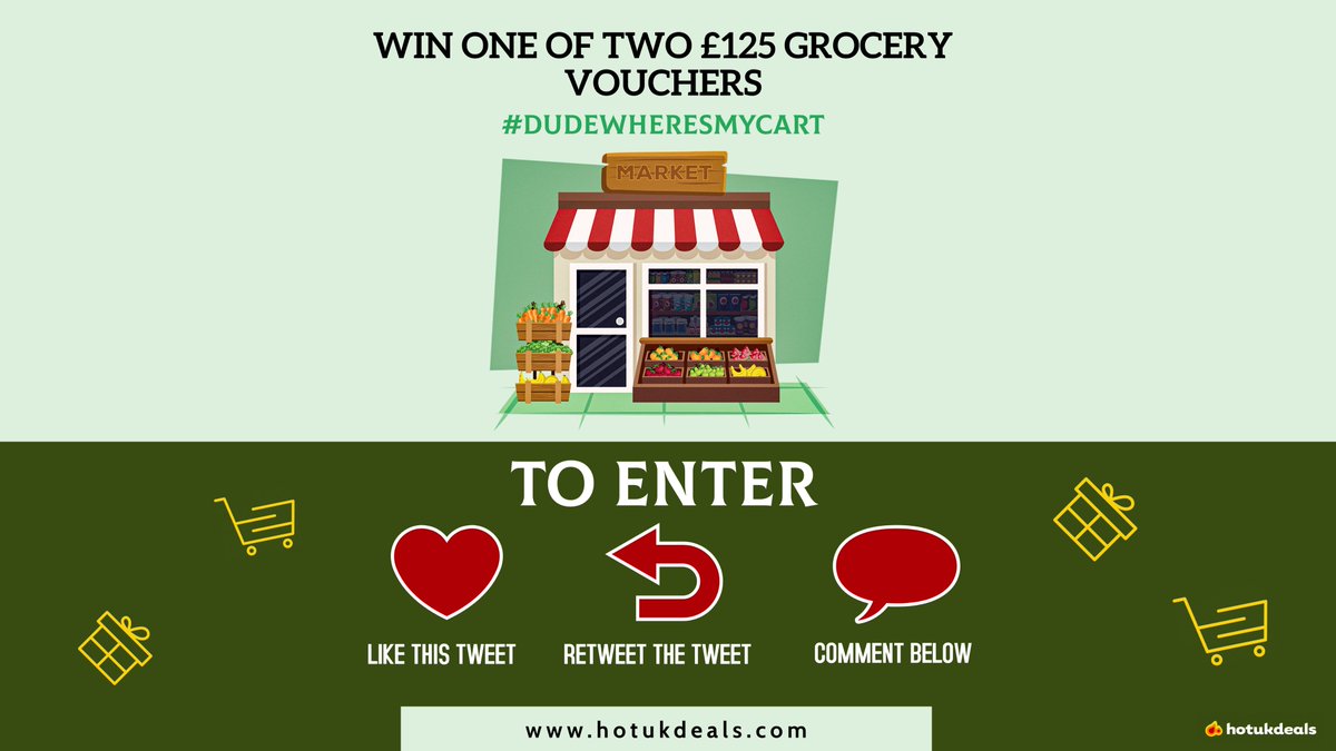 It's #GIVEAWAY time and we're giving you the chance to #WIN one of TWO £125 grocery vouchers. Simply... ❤️ Like this Tweet 🔁 Retweet the Tweet 🗨️ Comment with a picture of the most exciting thing on your shopping list with #DudeWheresMyCart🛒 Competition T&Cs below 👇