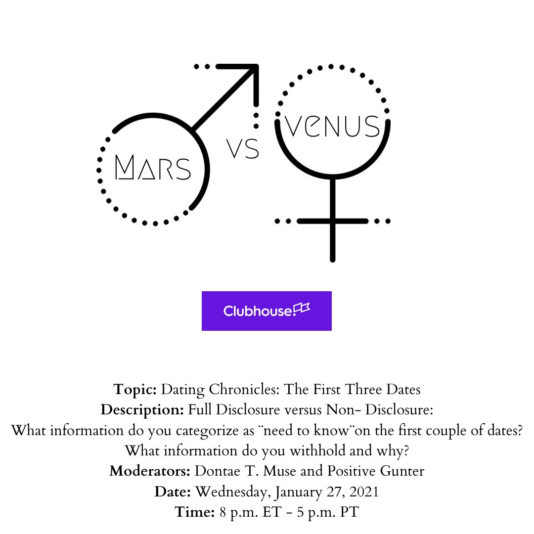 _itspositive's tweet image. “Mars vs. Venus” 
Is there an order to your dating life? A method to your madness perhaps... Let’s talk about it! Tomorrow evening join the conversation live via the Clubhouse app.
#PositiveReflections #clubhouseapp #datingtips #opendialogue #battleofthesexes #perspective