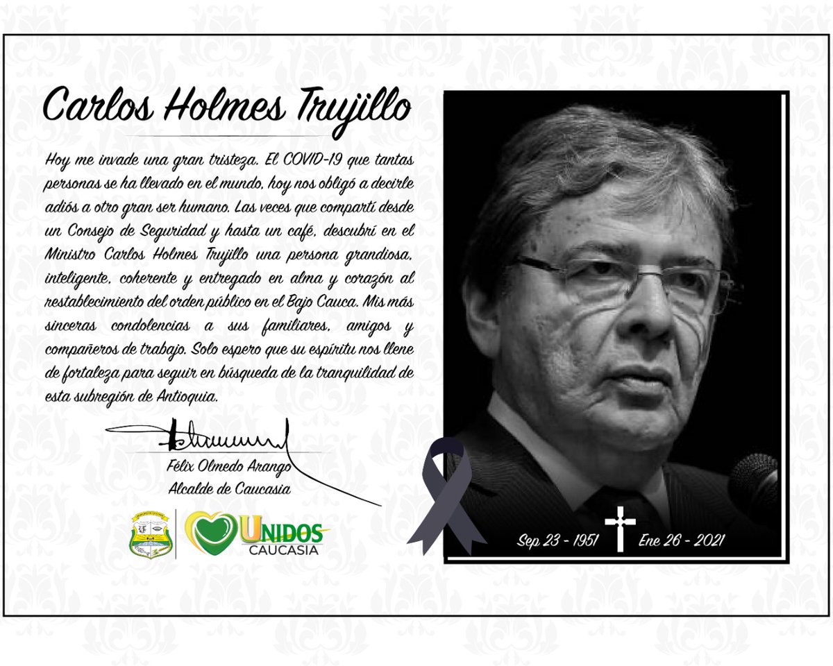 folmedoarango's tweet photo. Hoy lamento profundamente el fallecimiento del Ministro de Defensa Carlos Holmes Trujillo, un aliado permanente en la búsqueda del restablecimiento del orden público en nuestra subregión. Paz en su tumba.
@mindefensa 
@infopresidencia https://t.co/9ZilcICFdW